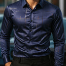 [Leve 5, Pague Só 3] Camisa Social Acetinada de Manga Longa Casual Rivanex em 83% Algodão Peruano, 11% Seda Gelo e 6% Elastano + Brindes: Cinto, Relógio e Carteira (Cópia)