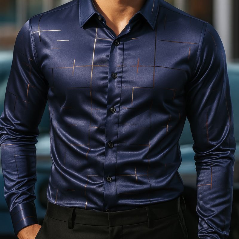 [Leve 5, Pague Só 3] Camisa Social Acetinada de Manga Longa Casual Rivanex em 83% Algodão Peruano, 11% Seda Gelo e 6% Elastano + Brindes: Cinto, Relógio e Carteira