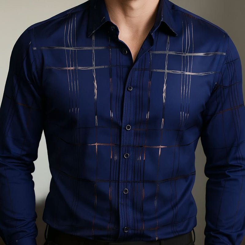 [Leve 5, Pague Só 3] Camisa Social Acetinada de Manga Longa Casual Rivanex em 83% Algodão Peruano, 11% Seda Gelo e 6% Elastano + Brindes: Cinto, Relógio e Carteira