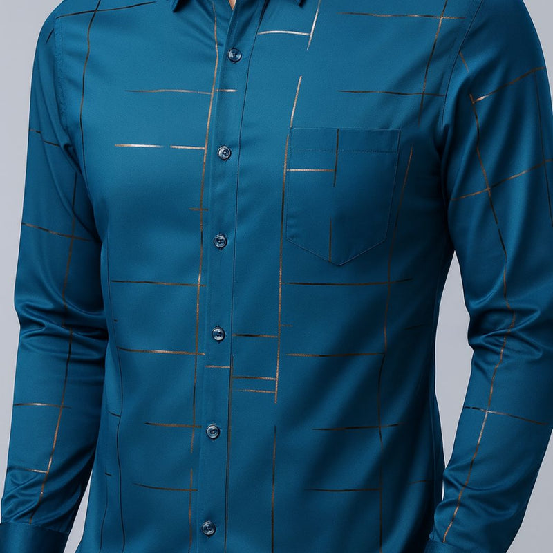 [Leve 5, Pague Só 3] Camisa Social Acetinada de Manga Longa Casual Rivanex em 83% Algodão Peruano, 11% Seda Gelo e 6% Elastano + Brindes: Cinto, Relógio e Carteira
