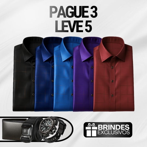 [Leve 5, Pague Só 3] Camisa Social Acetinada de Manga Longa Casual Rivanex em 83% Algodão Peruano, 11% Seda Gelo e 6% Elastano + Brindes: Cinto, Relógio e Carteira