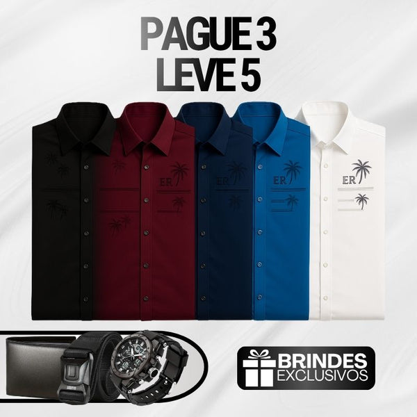 [Leve 5, Pague Só 3] Camisa Manga Longa Casual Iceshirt em Seda Gelo e Poliéster + Cinto, Carteira e Relógio de BRINDE