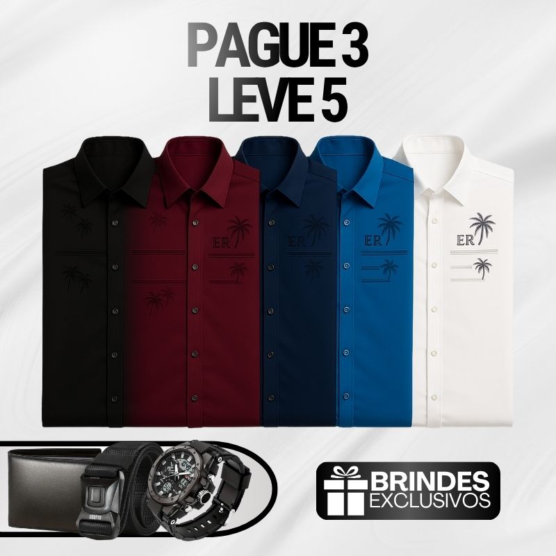 [Leve 5, Pague Só 3] Camisa Manga Longa Casual Iceshirt em Seda Gelo e Poliéster + Cinto, Carteira e Relógio de BRINDE